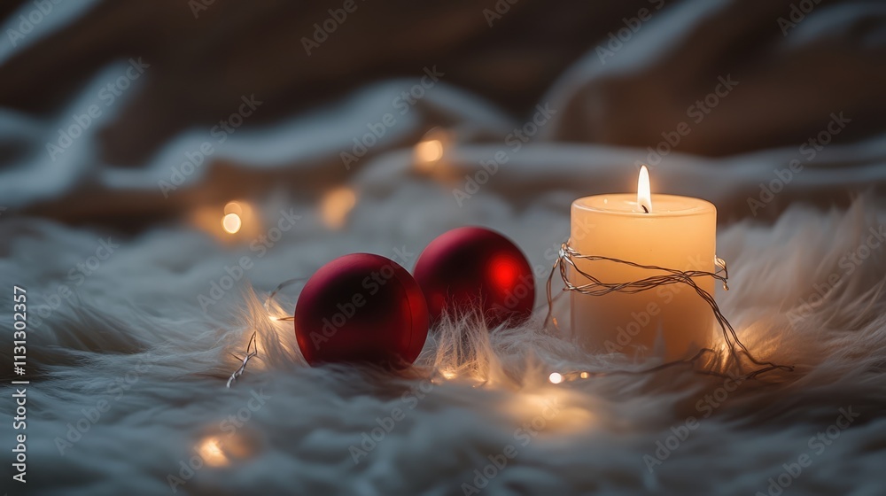 Aufkleber Warm festive ambiance with illuminated string lights around a candle and red ornaments on soft white fur background diorama.