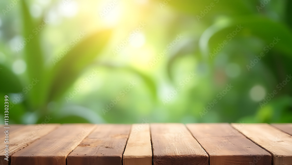 Poster A wooden table and counter are placed in front of a blurred coconut leaf background to showcase summer and natural products._00001_