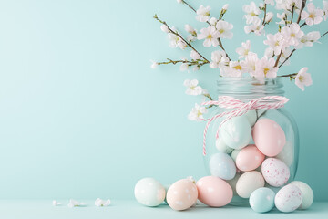 Fototapeta premium Pastel colored eggs nestled among blooming cherry blossoms in a charming jar create a delightful spring ambiance