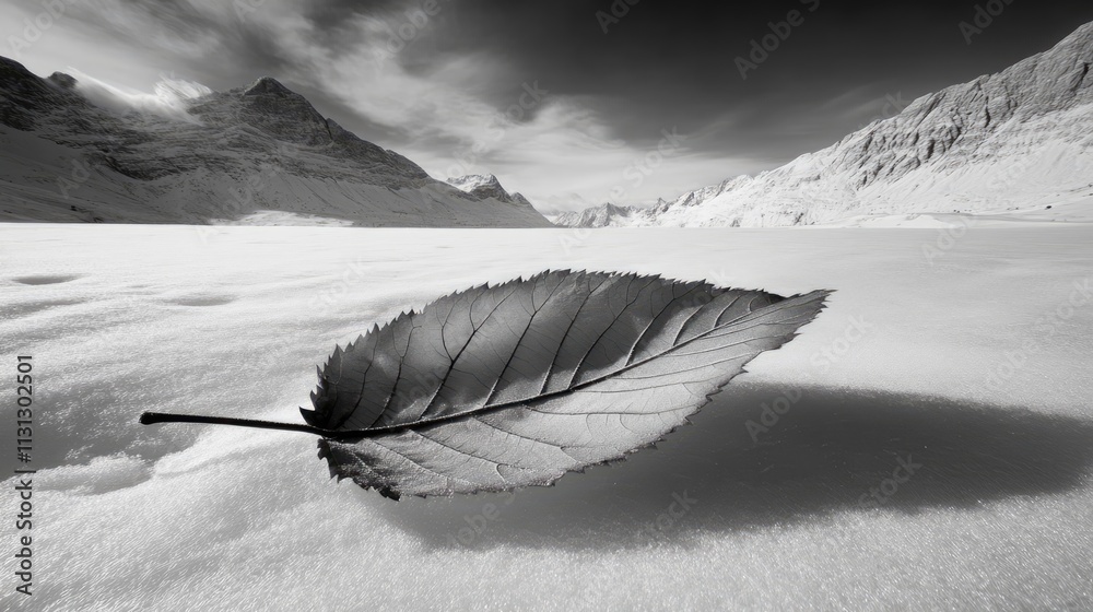 Poster Leaf resting delicately on pristine snow landscape with mountains in the background capturing the contrast of nature's elements.