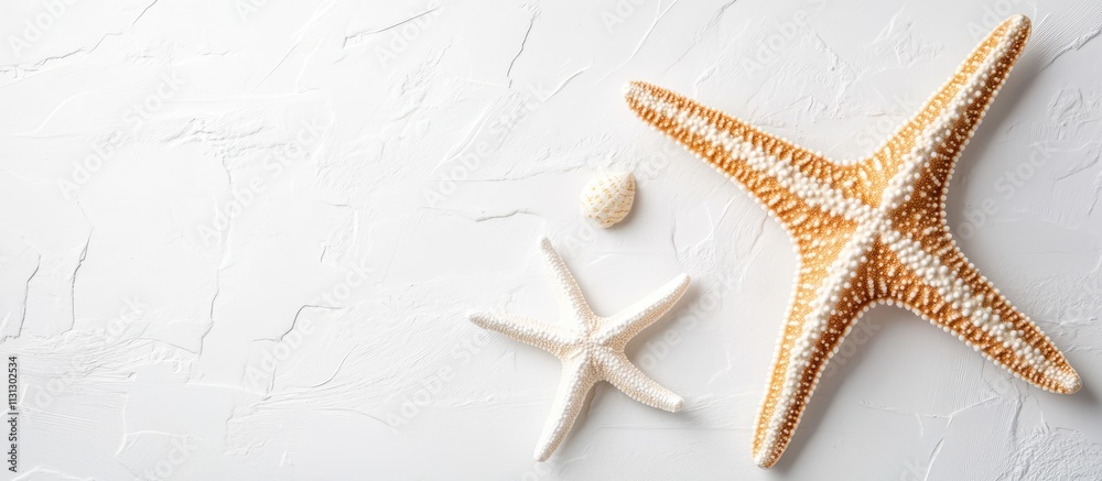 Poster starfish collection on a white textured background showcasing natural colors and intricate details o