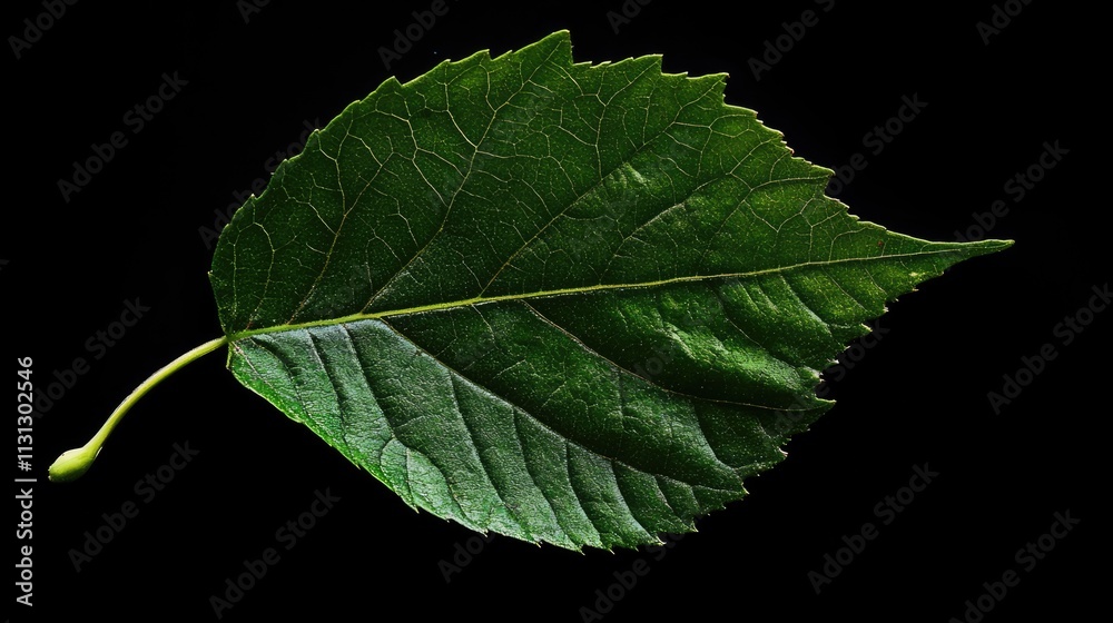 Poster vibrant green leaf isolated on dark background showcasing intricate vein details and natural texture