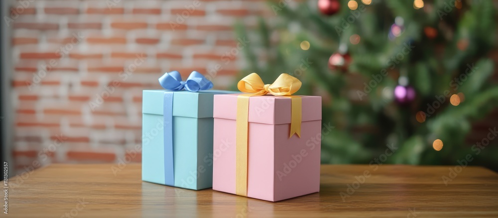 Poster colorful gift boxes with ribbons on a wooden table in front of a decorated pine tree and blurred bri