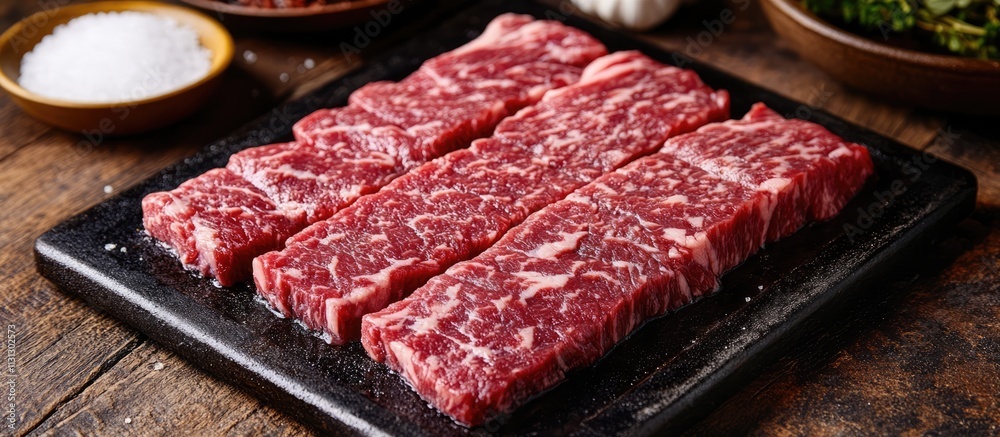 Poster marbled beef steak preparation on a rustic wooden surface with seasoning concepts for gourmet cookin