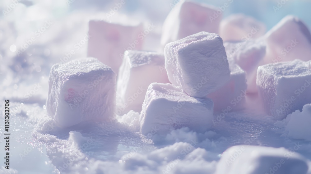 Poster soft pastel colored marshmallows arranged on a white surface with a dreamy blurred background perfec