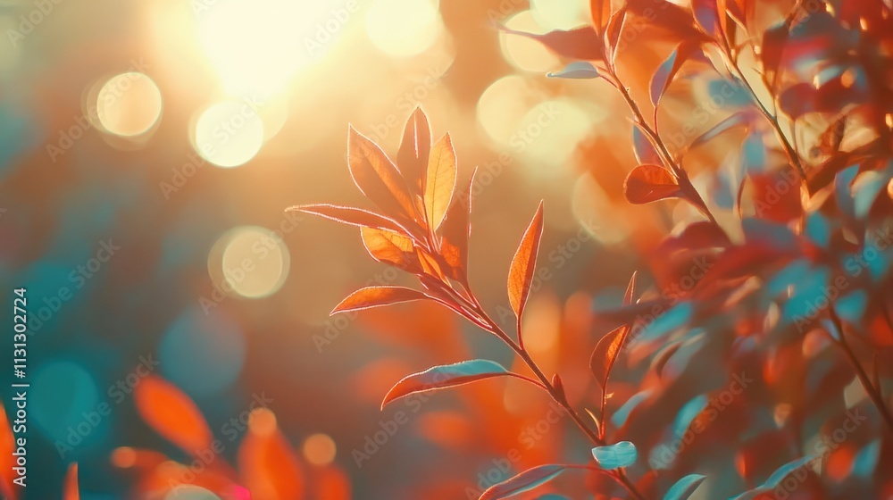 Poster vibrant bokeh background with colorful leaves reflecting warm sunlight creating a dreamy and tranqui