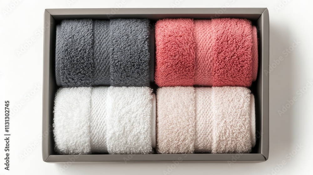 Poster luxury soft towels elegantly arranged in a box showcasing a palette of soothing colors for a stylish