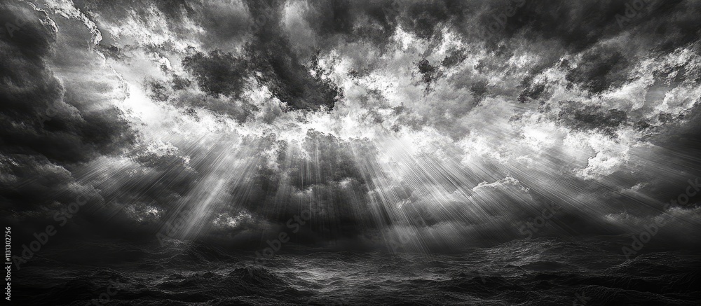 Poster dramatic cloudscape with mystical rays of light illuminating a moody sky over the ocean in black and