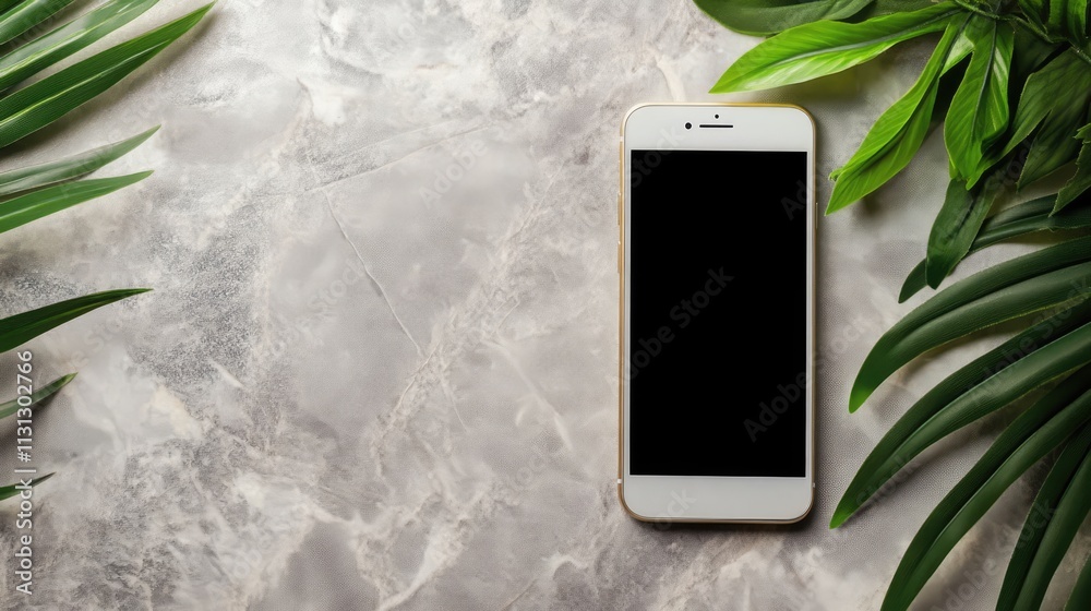 Poster smartphone surrounded by green leaves on a textured background showcasing modern technology and natu