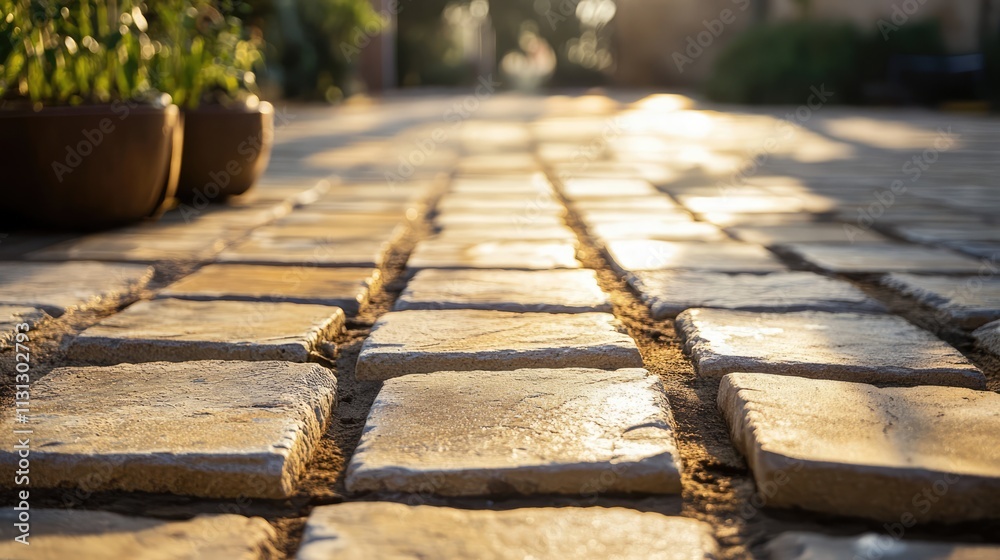 Poster Manual installation of paving stones with setting tools and potted plants on a sunlit cobblestone path creating a serene outdoor atmosphere