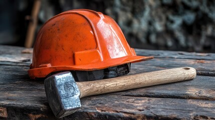 Industrial safety gear with an orange hard hat and hammer symbolizing workplace safety and construction adherence to regulations.