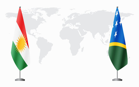 Kurdistan and Solomon Islands flags for official meeting against background of world map.