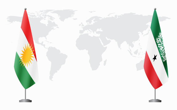 Kurdistan and Somaliland flags for official meeting against background of world map.