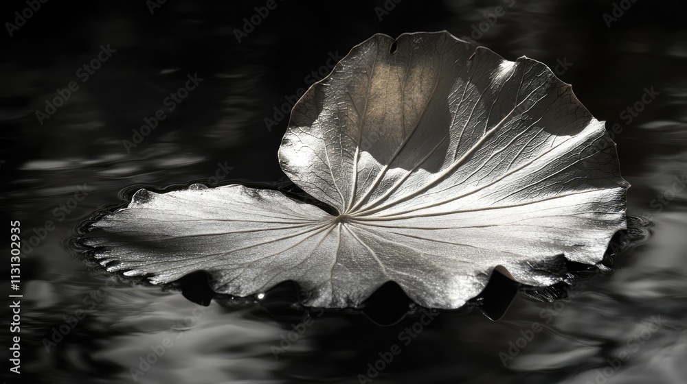 Poster Illuminated leaf floating on water surface with dark background creating a serene and tranquil nature feel