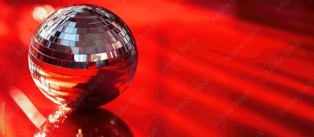 Poster Disco ball reflecting light on a vibrant red background creating a dynamic and energetic atmosphere