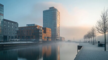 Fototapeta premium City skyline obscured by dense fog reflecting in calm water at dawn with modern high-rise buildings and trees along the waterfront.