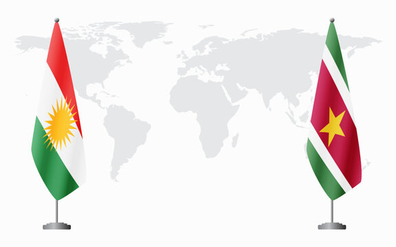 Kurdistan and Suriname flags for official meeting against background of world map.