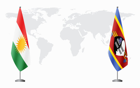 Kurdistan and Kingdom of eSwatini - Swaziland flags for official meeting against background of world map.
