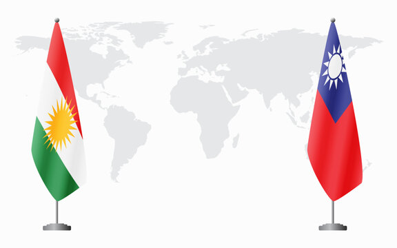 Kurdistan and Taiwan flags for official meeting against background of world map.