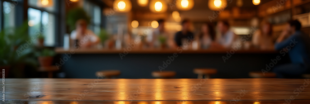 Poster a wood table top with a blurred bokeh light effect in a dark setting of a busy night cafe restaurant
