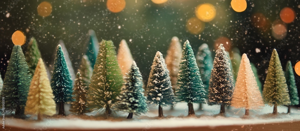 Aufkleber Miniature Christmas Trees in a Festive Stand with Soft Snow and Bokeh Lights Creating a Magical Holiday Atmosphere