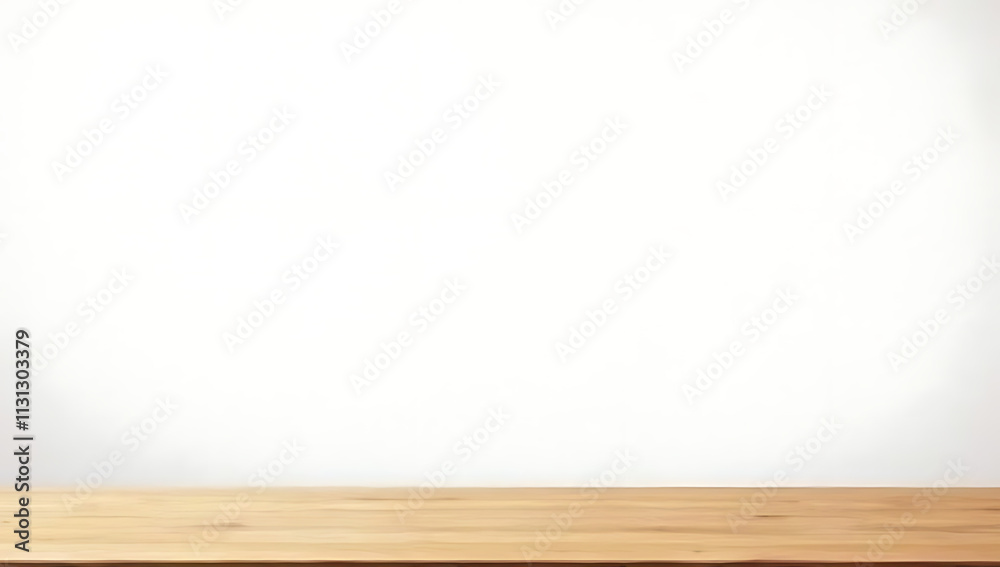 Poster a wood table top rests against a plain white wall with a subtle texture in the background._00004_
