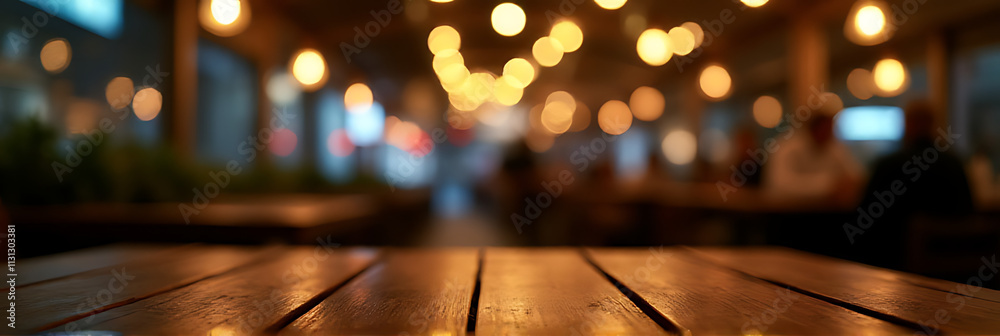 Poster a wood table top with a blurred bokeh light effect in a dark setting of a busy night cafe restaurant