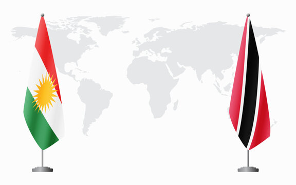 Kurdistan and Trinidad and Tobago flags for official meeting against background of world map.