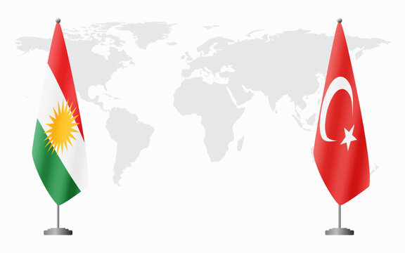 Kurdistan and Turkey flags for official meeting against background of world map.