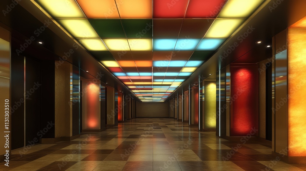 Aufkleber Vibrant architectural corridor featuring illuminated ceiling with colorful panels creating a playful and inviting atmosphere.