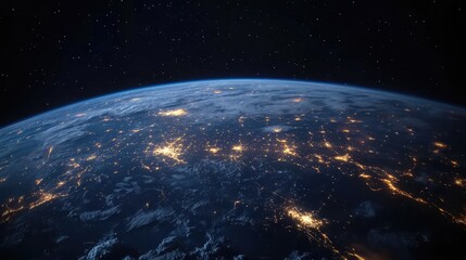 Fototapeta premium Glowing city lights and global networks of Earth from space with blue atmospheric glow against dark space and faint stars
