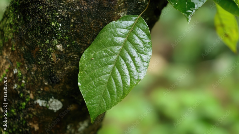 Poster green leaf clinging to tree trunk surrounded by lush greenery showcasing nature's resilience and bea