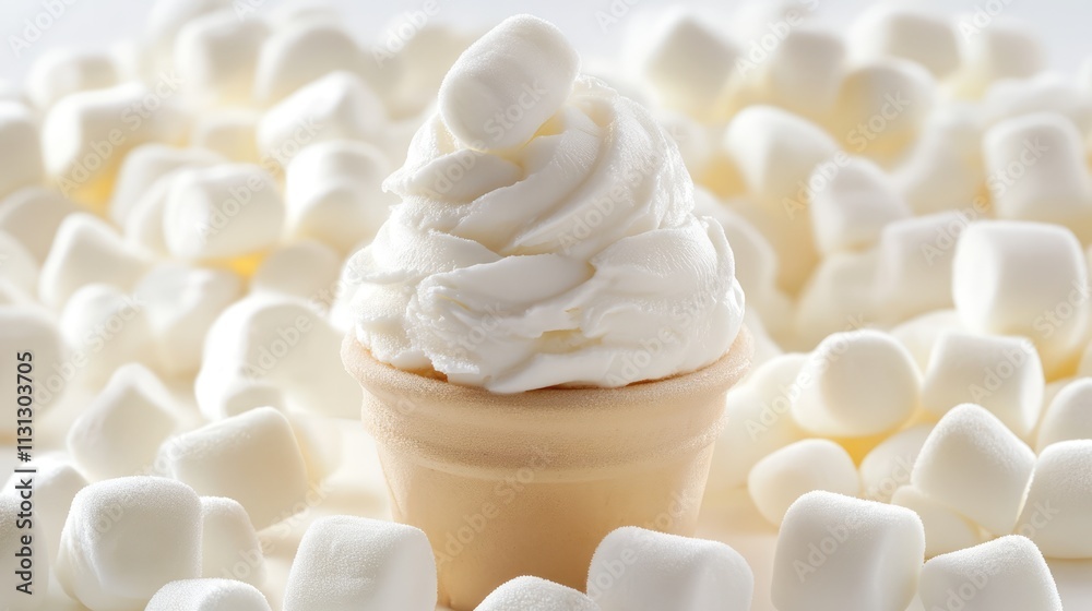Poster marshmallow ice cream dessert surrounded by fluffy marshmallows in a soft light setting