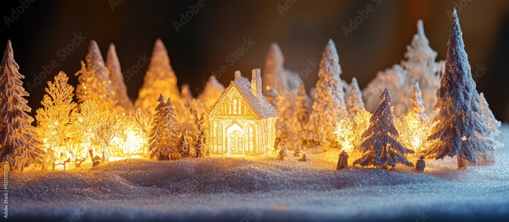 Poster winter wonderland scene with illuminated snow-covered trees and a charming cottage for a festive chr