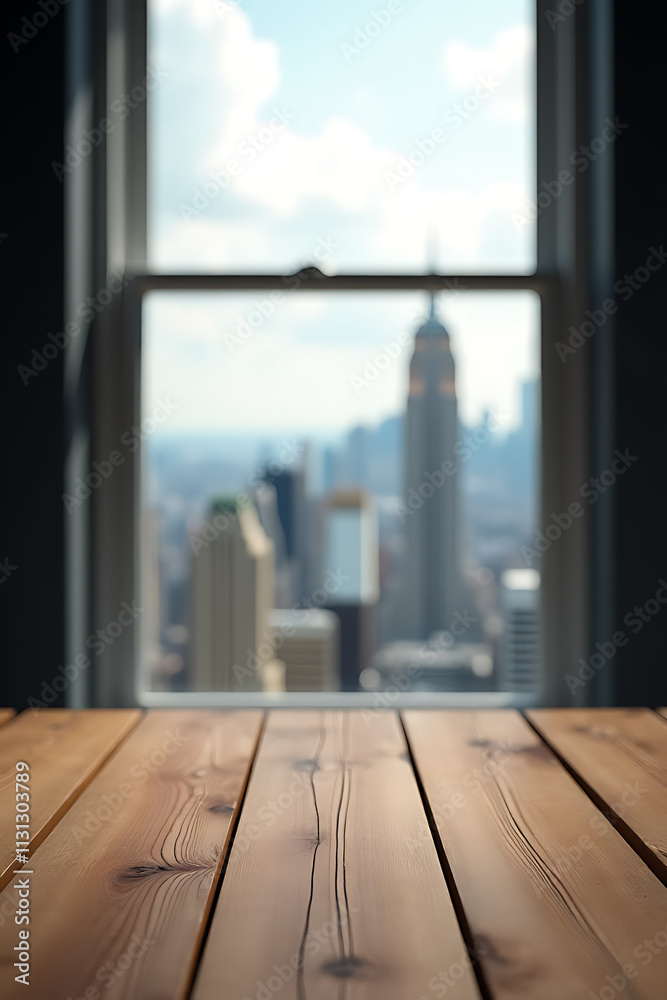 Poster a wood table top is situated in front of a blurred city view through a window surrounded by a wall._