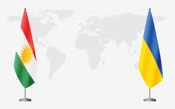 Kurdistan and Ukraine flags for official meeting against background of world map.