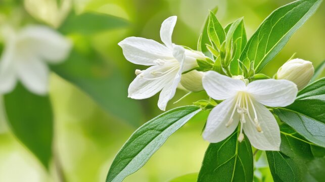 Glossy abelia flowers in full bloom showcasing delicate white petals and vibrant green foliage in soft natural light