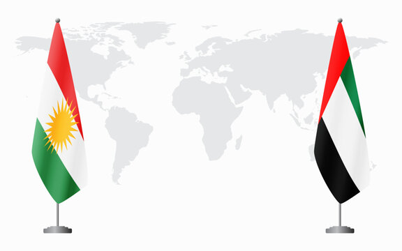 Kurdistan and United Arab Emirates flags for official meeting against background of world map.