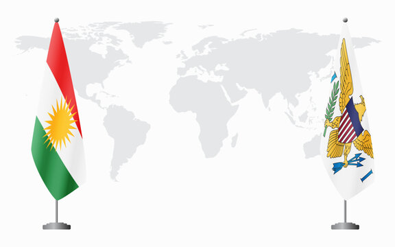 Kurdistan and United States Virgin Islands flags for official meeting against background of world map.