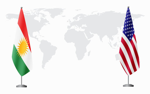 Kurdistan and USA flags for official meeting against background of world map.