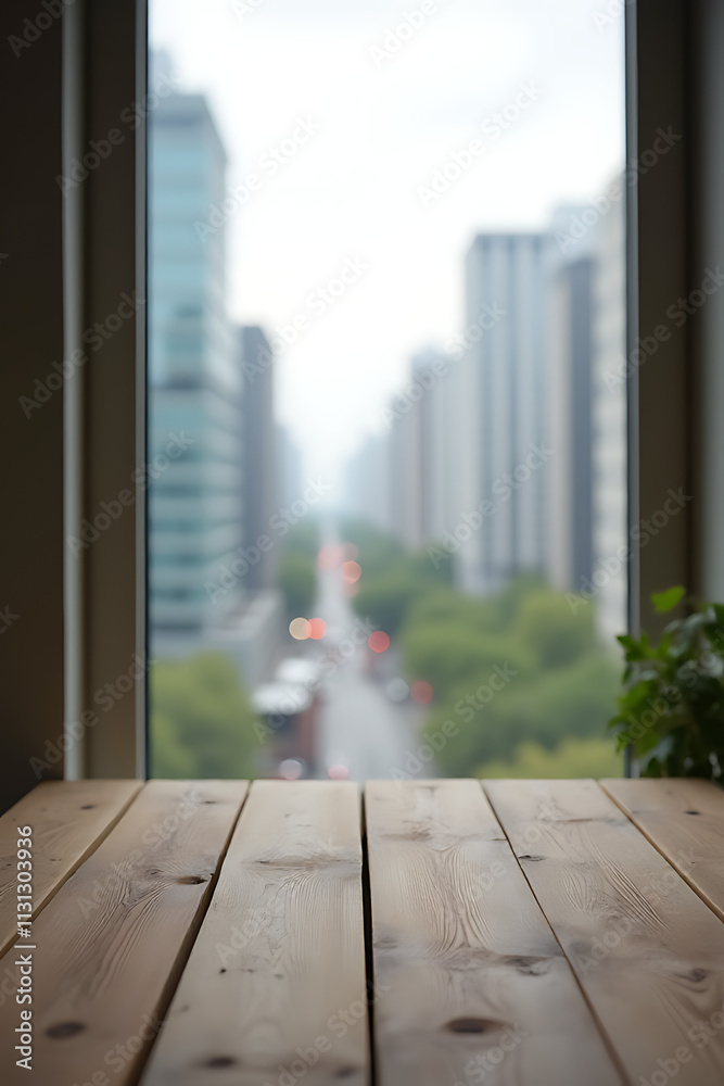 Poster a wood table top is situated in front of a blurred city view through a window surrounded by a wall._