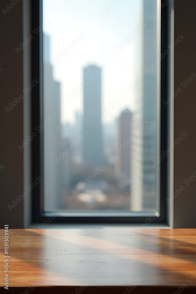 Poster a wood table top is situated in front of a blurred city view through a window surrounded by a wall._