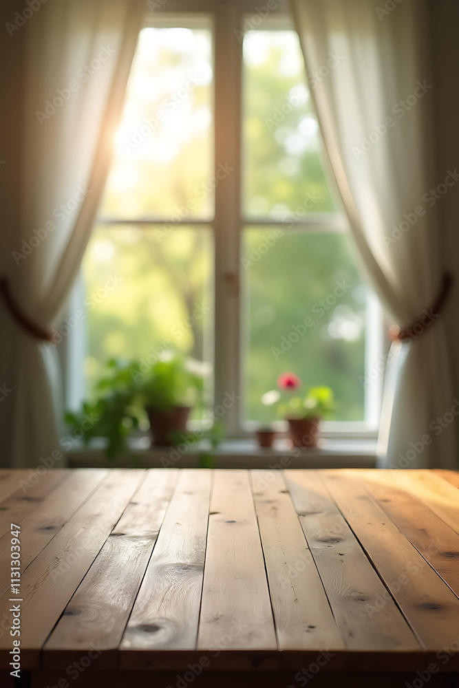 Aufkleber a wood table top is selectively focused while a blurred curtain, window, and garden background creat