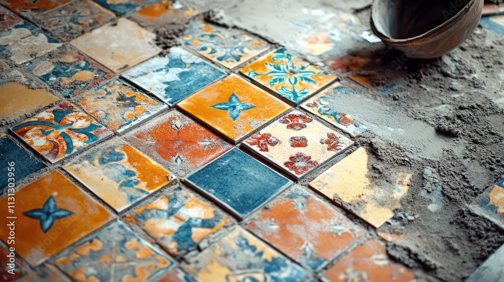 Poster applying ceramic tile adhesive over old tiles during a floor renovation with colorful patterns and c