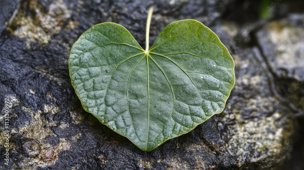 Poster heart-shaped leaf resting on a textured rock in a lush rainforest environment showcasing vibrant nat