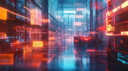 Data processing warehouse with digital interface and global connectivity showcasing advanced computing technology in a futuristic environment