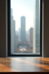 Fototapeta premium A wood table top is situated in front of a blurred city view through a window surrounded by a wall._00001_