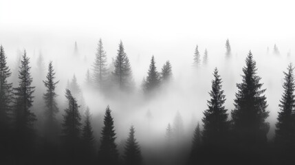 Obraz premium Mysterious foggy forest landscape with silhouettes of tall evergreen trees in monochrome atmosphere
