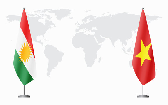 Kurdistan and Vietnam flags for official meeting against background of world map.