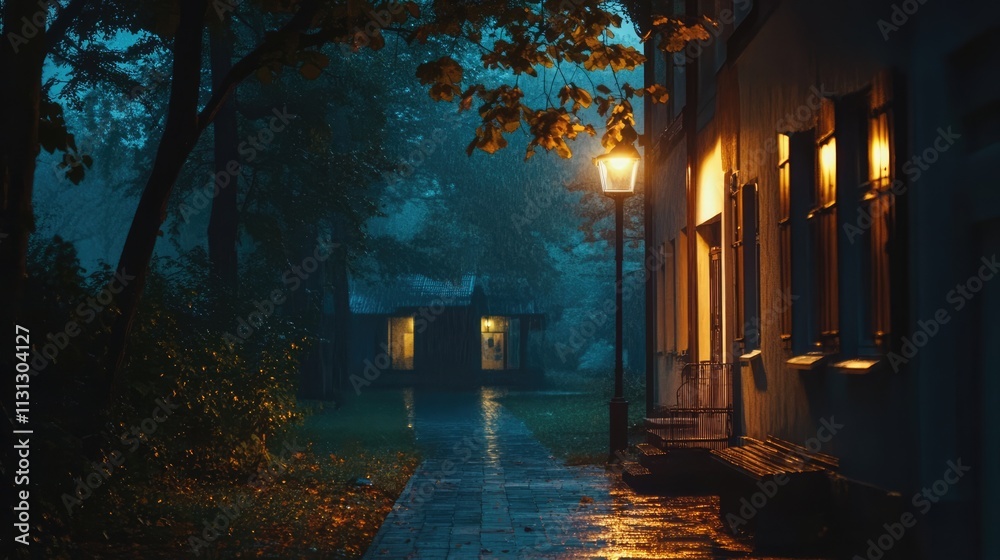 Aufkleber Illuminated path beside a building with warm lights in a serene evening setting and rain-soaked ground creating a tranquil atmosphere